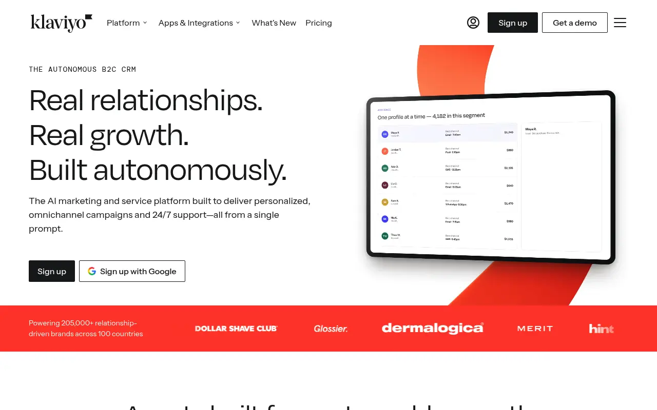 Klaviyo homepage showing its AI marketing platform for ecommerce brands