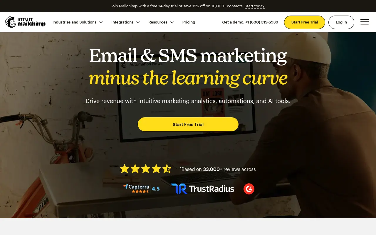 Mailchimp homepage showing its email and SMS marketing tools