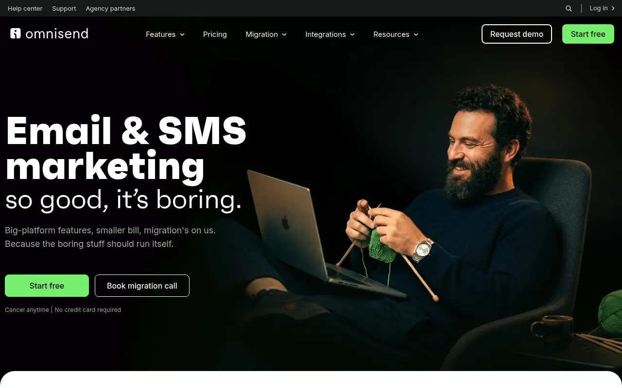Omnisend homepage promoting email and SMS marketing automation