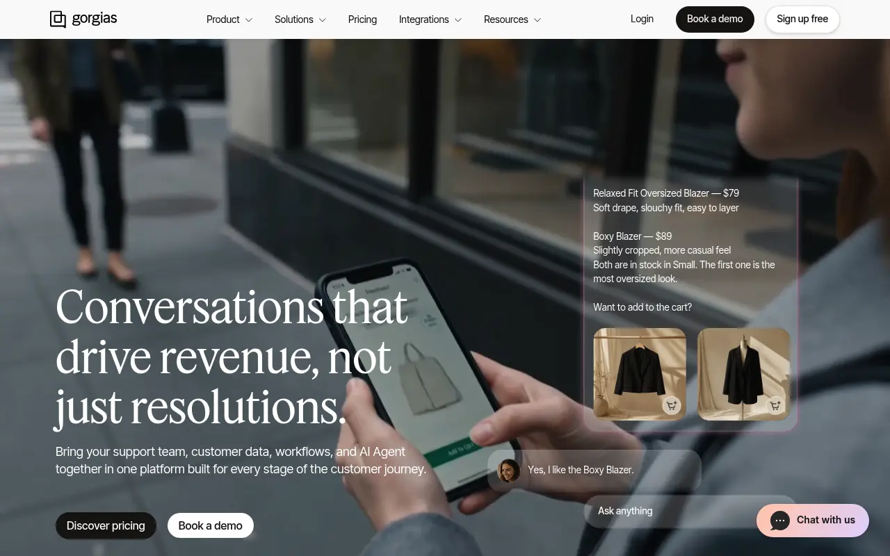 Gorgias homepage showing its conversational commerce and support assistant