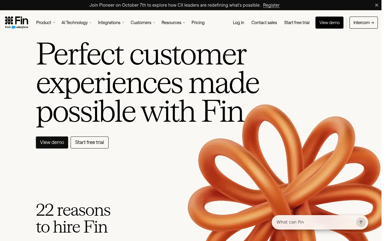 Intercom Fin homepage showing its AI customer service agent