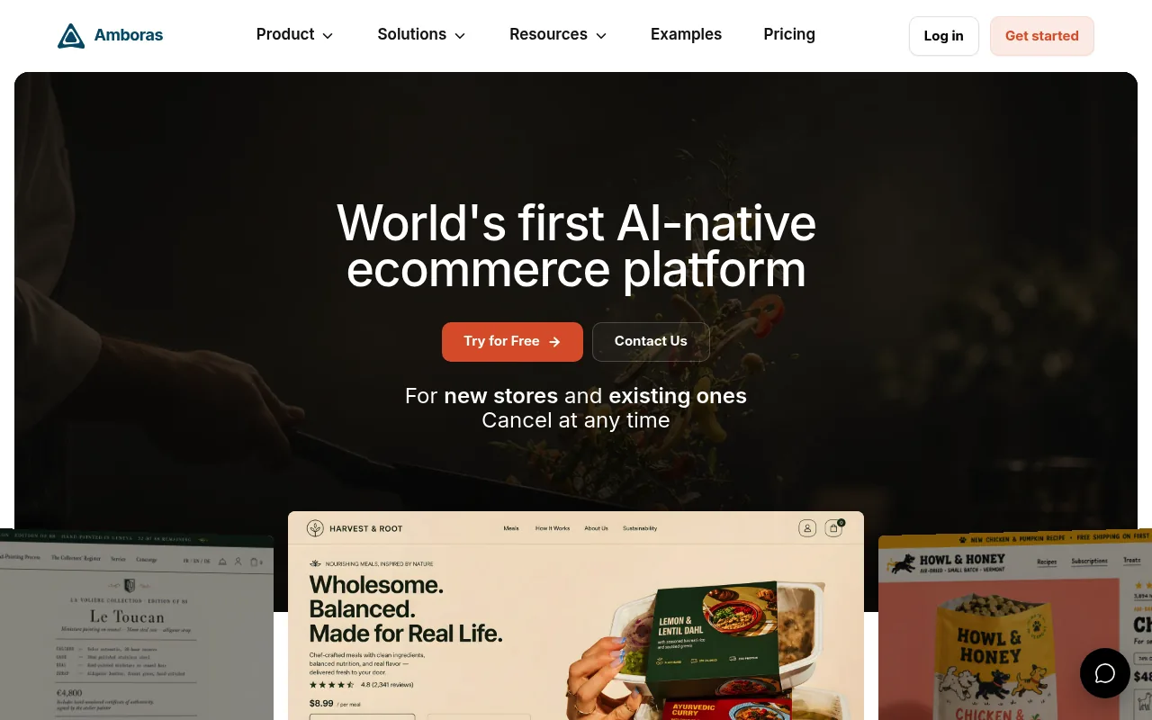 Amboras homepage in September 2026, showing the tagline "World's first AI-native ecommerce platform"