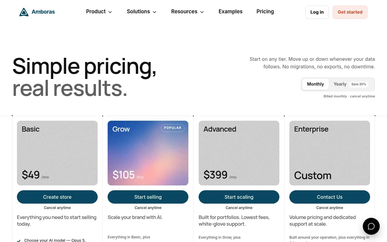 Amboras pricing page in September 2026: Basic $49/mo, Grow $105/mo (marked Popular), Advanced $399/mo, and a custom Enterprise tier