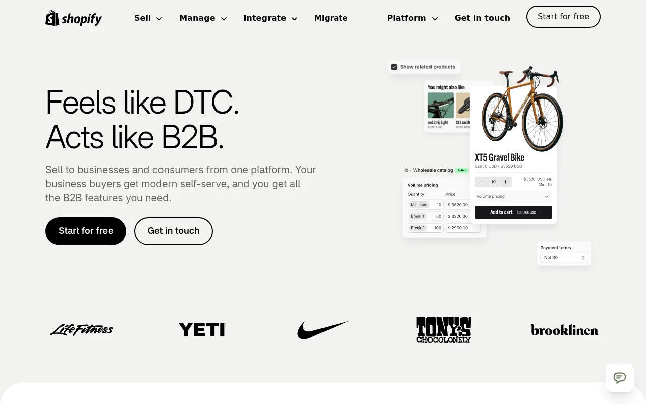 Shopify B2B landing page showing volume pricing tiers, a minimum order quantity and Net 30 payment terms on a product page
