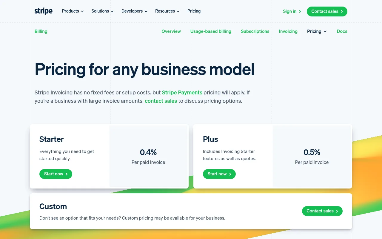 Stripe Invoicing pricing page showing Starter at 0.4% and Plus at 0.5% per paid invoice