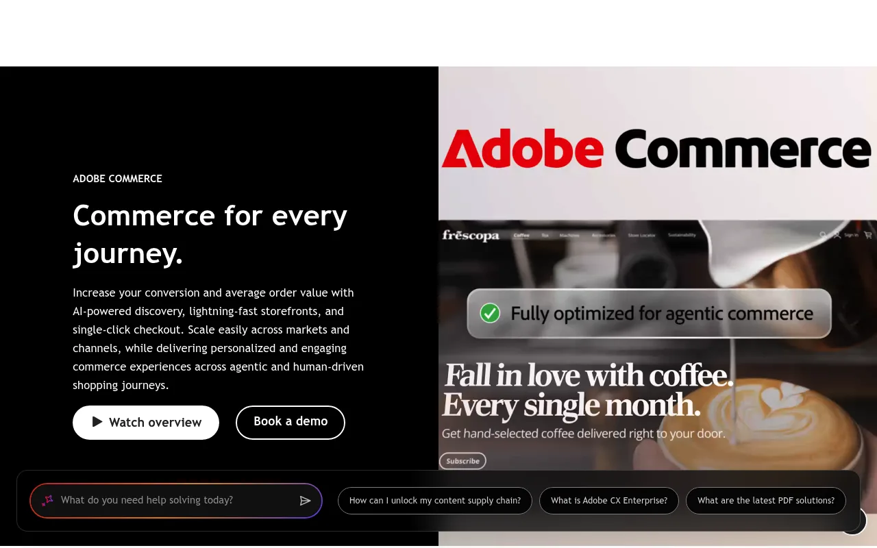 Adobe Commerce homepage promoting AI-powered discovery and agentic commerce