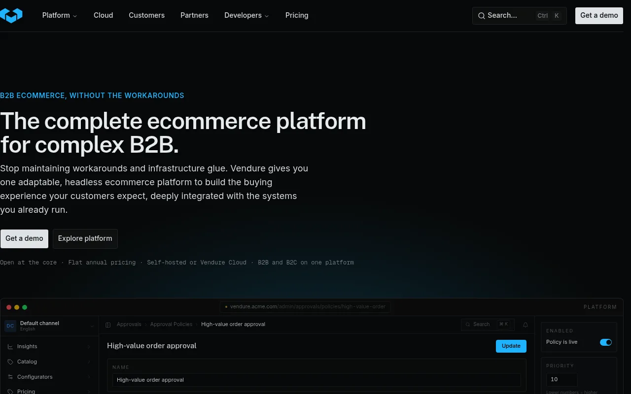 Vendure homepage: "The complete ecommerce platform for complex B2B," showing an approval-policy screen