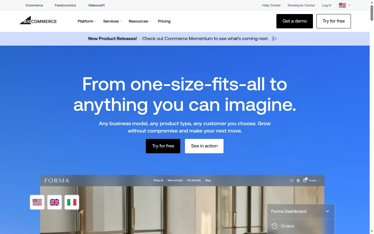 BigCommerce homepage with the tagline from one-size-fits-all to anything you can imagine