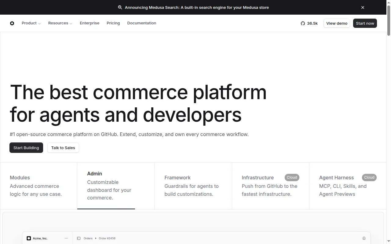 Medusa homepage describing itself as the commerce platform for agents and developers
