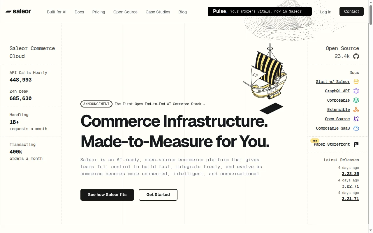 Saleor homepage with commerce infrastructure metrics and links to the GraphQL API