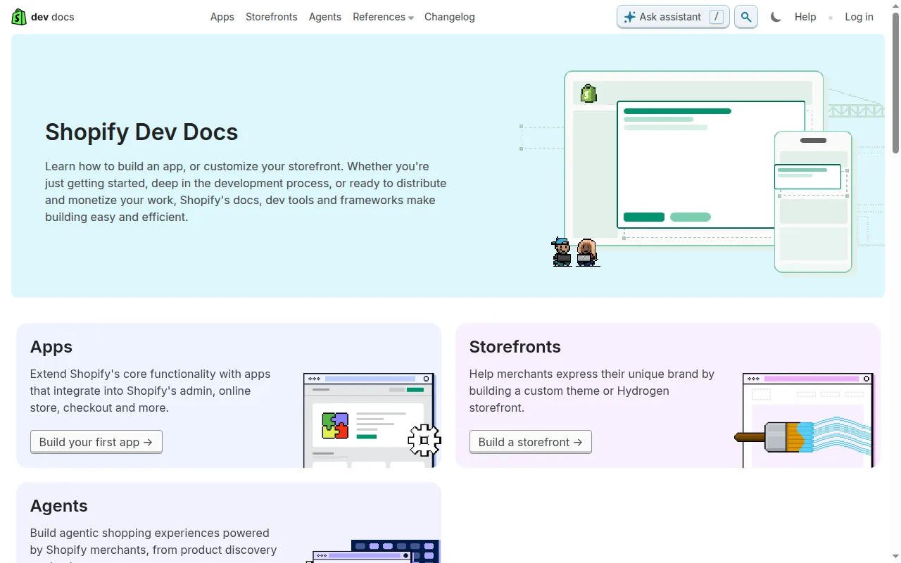 Shopify Dev Docs homepage showing links to build apps, storefronts, and agents