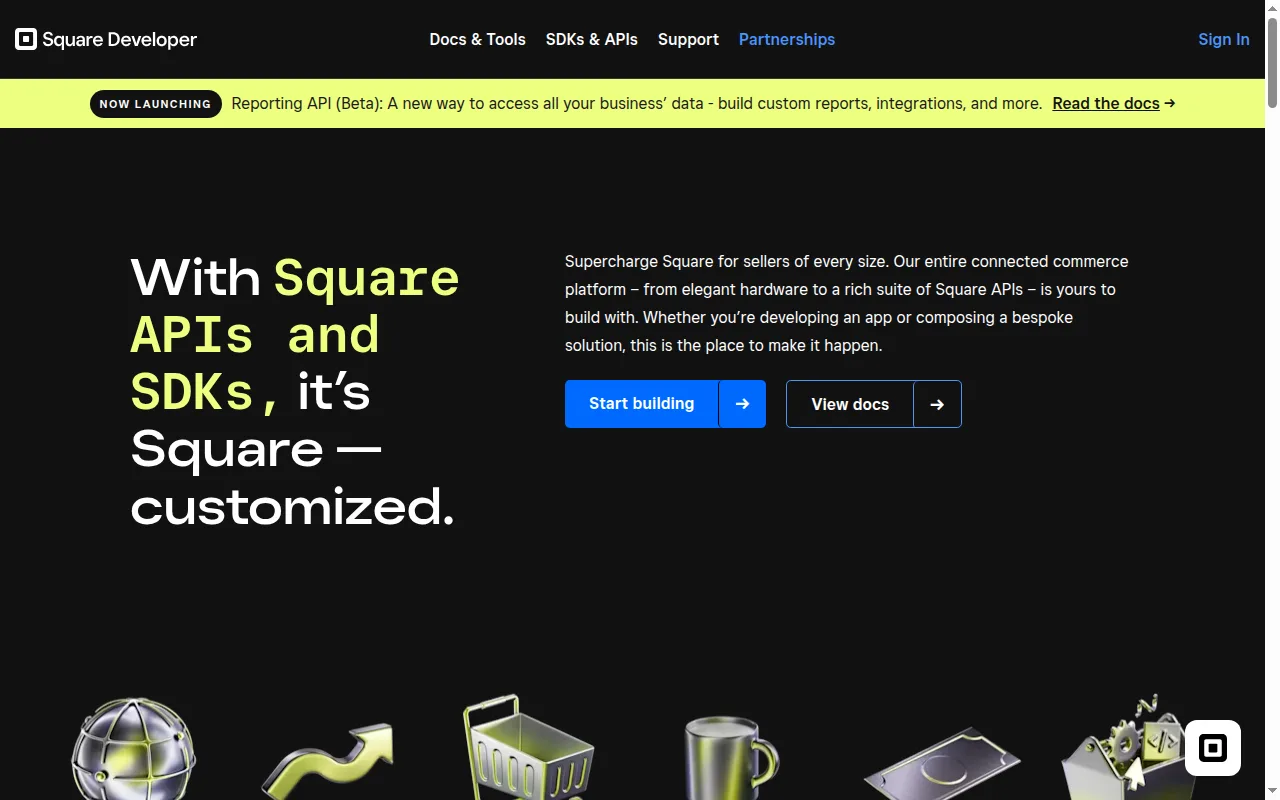 Square Developer homepage with the tagline build custom solutions on Square