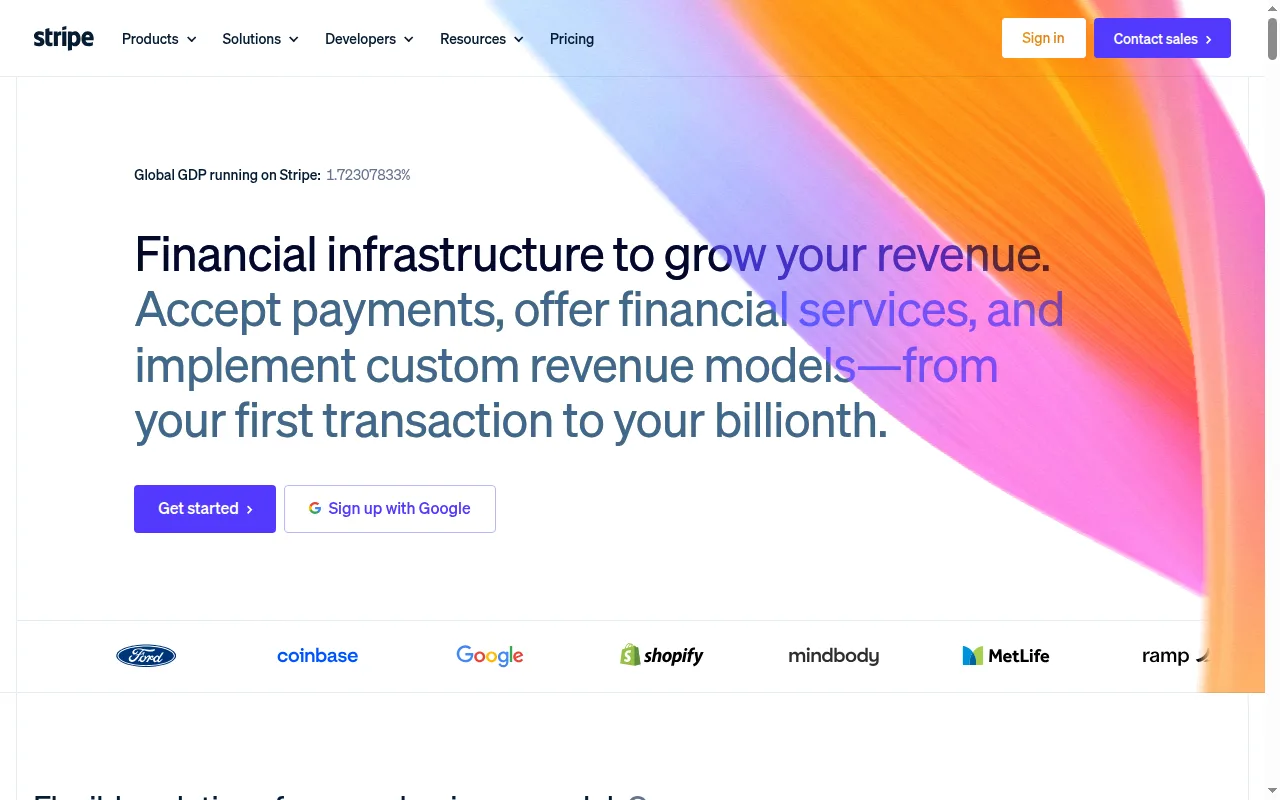 Stripe homepage describing itself as financial infrastructure to grow your revenue