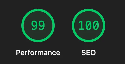 Lighthouse scores for a YNS storefront: 99 Performance, 100 SEO
