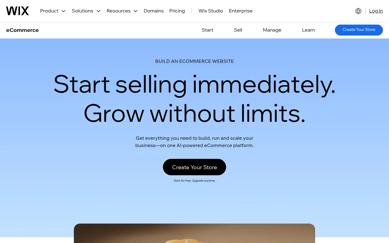 The Wix ecommerce website builder homepage