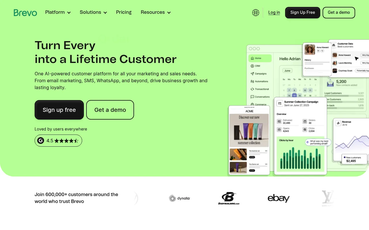 Brevo homepage presenting its customer platform for email, SMS and WhatsApp