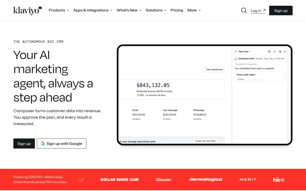Klaviyo homepage promoting its AI marketing agent and B2C customer data platform