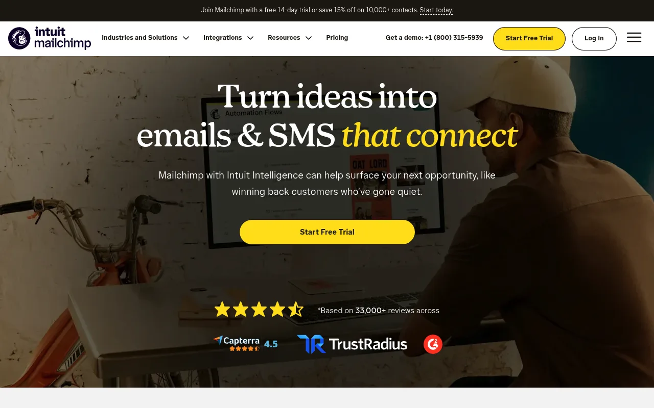 Mailchimp homepage promoting email and SMS marketing campaigns