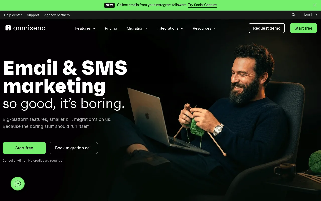 Omnisend homepage showing its email and SMS marketing platform for ecommerce