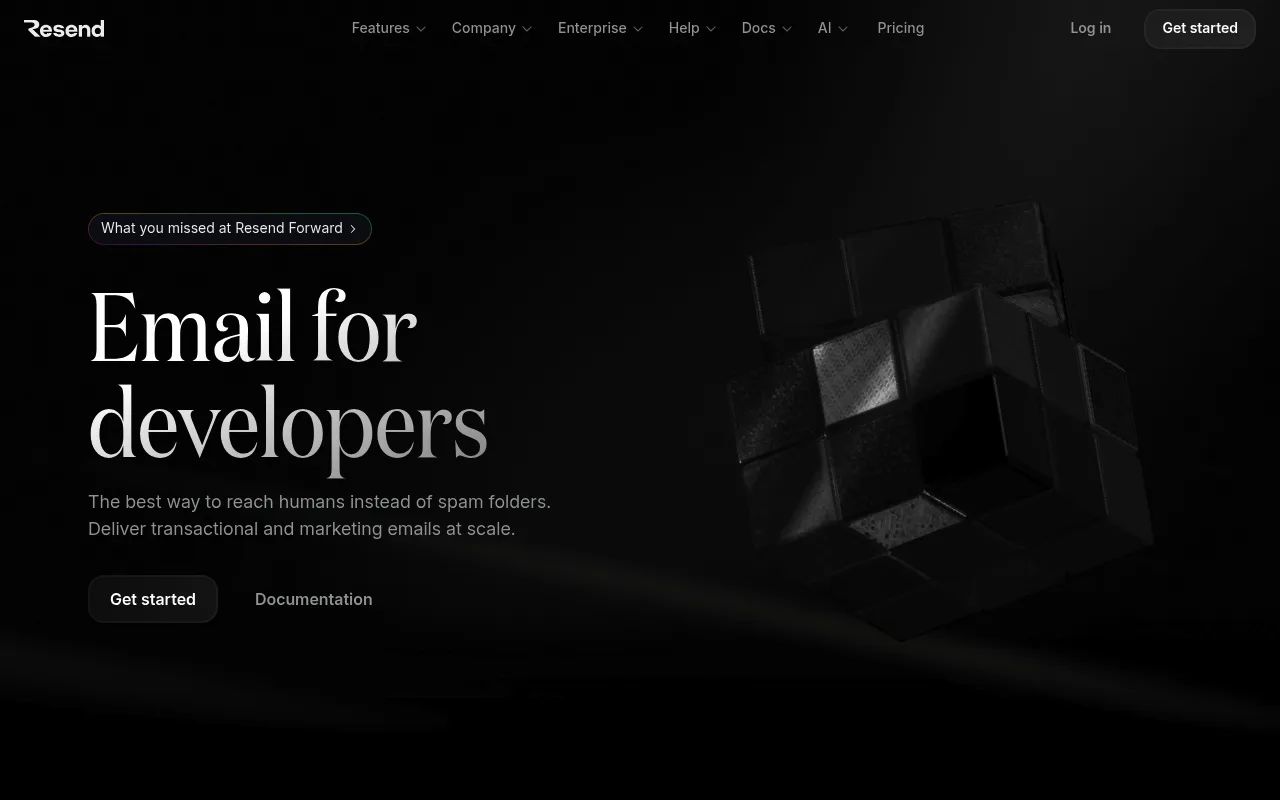 Resend homepage describing email for developers