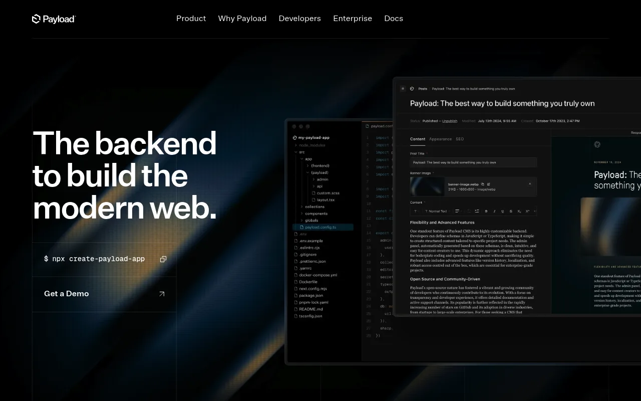 Payload CMS homepage describing itself as the open-source Next.js backend