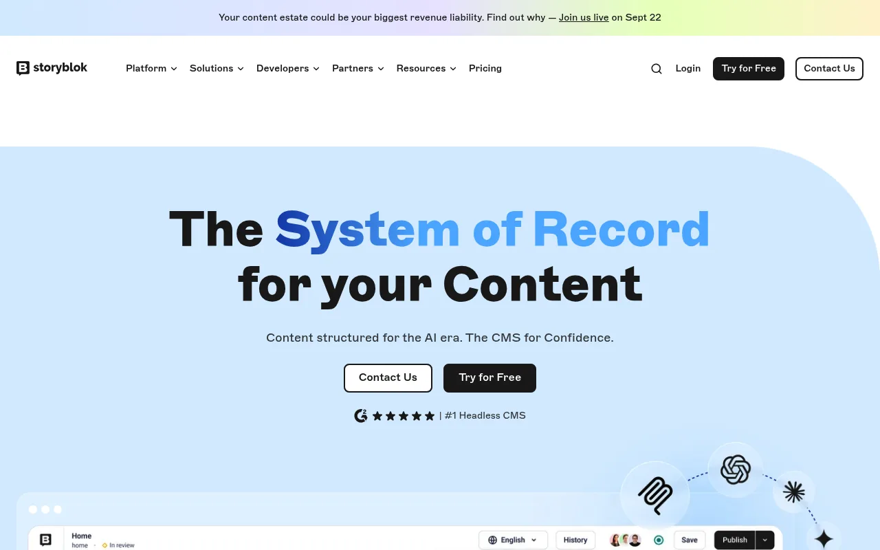 Storyblok homepage promoting its visual editor and component library for marketing teams