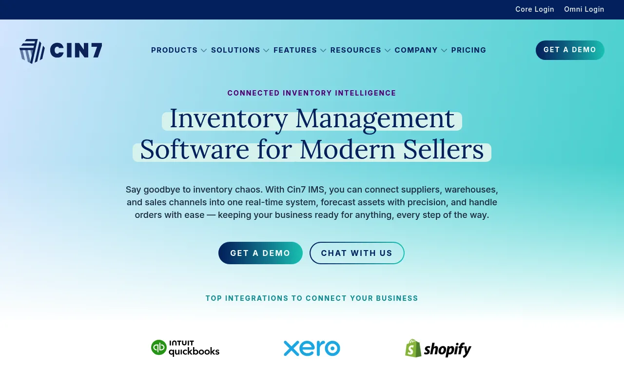 Cin7 homepage describing inventory management software for modern sellers