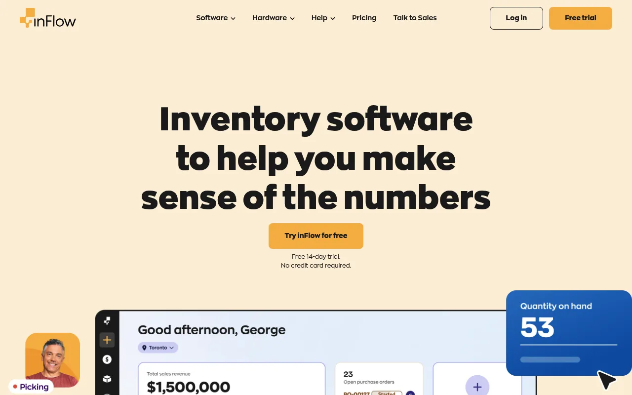 inFlow homepage promoting inventory software with a free trial