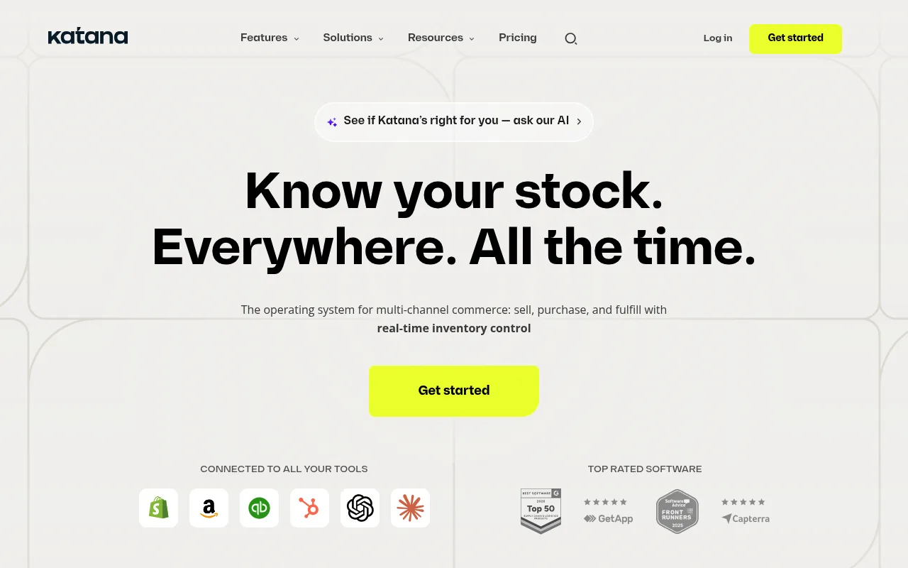 Katana homepage showing real-time inventory control for multichannel commerce