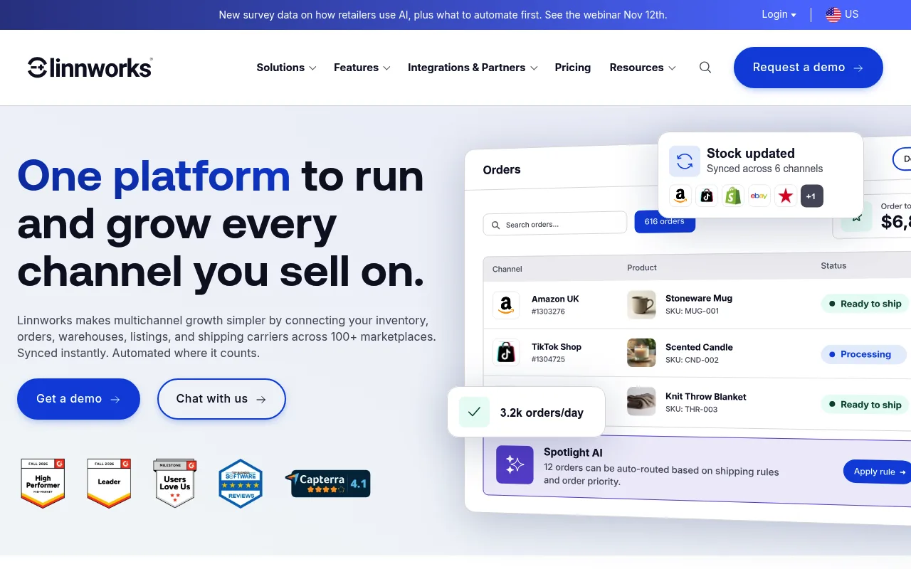 Linnworks homepage showing a multichannel order and stock management platform