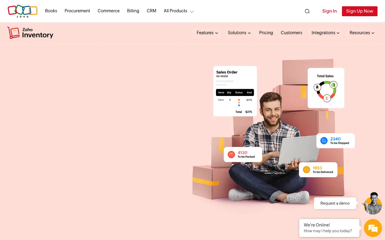 Zoho Inventory homepage showing stock, sales orders and shipping dashboards