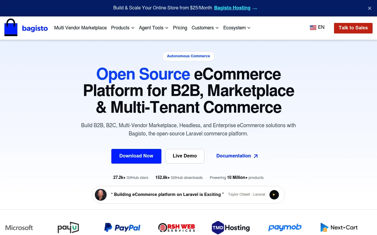 Bagisto homepage showing its Laravel-based ecommerce platform