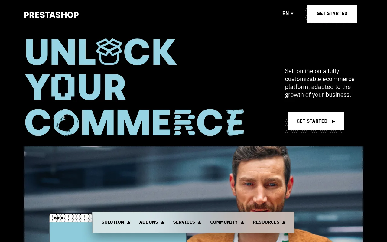 PrestaShop homepage promoting its customizable ecommerce platform