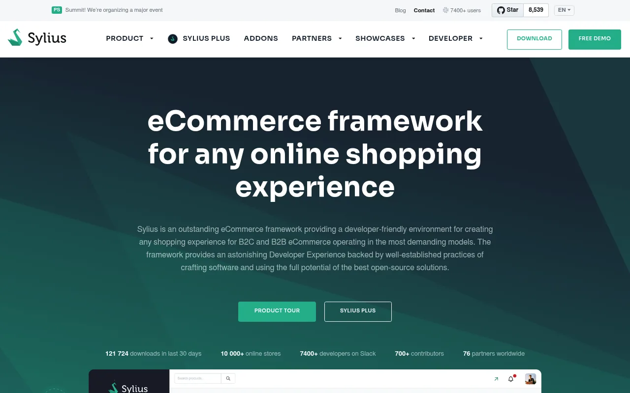 Sylius homepage describing itself as an open source headless ecommerce platform