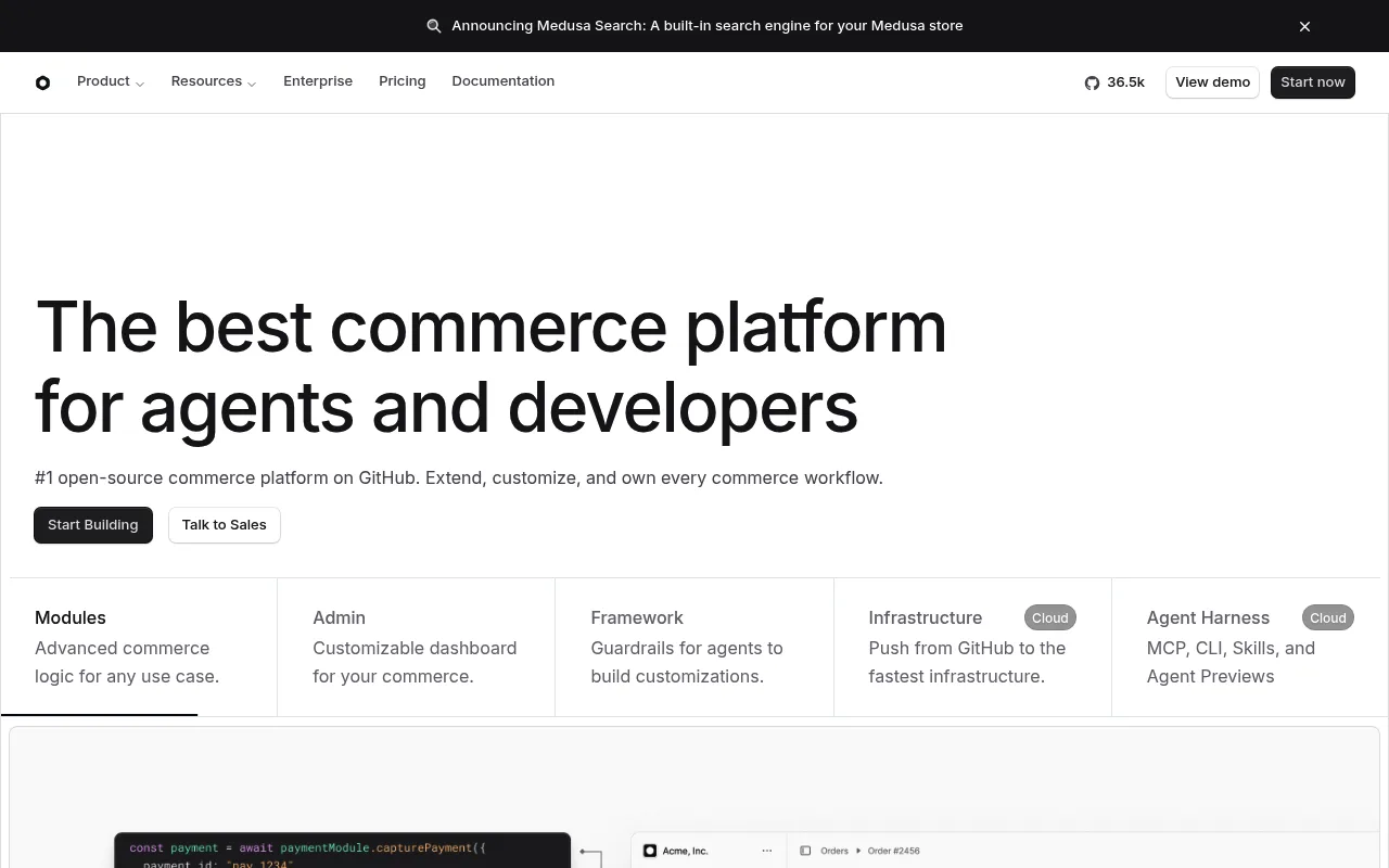 Medusa homepage, an open-source commerce framework for custom backends