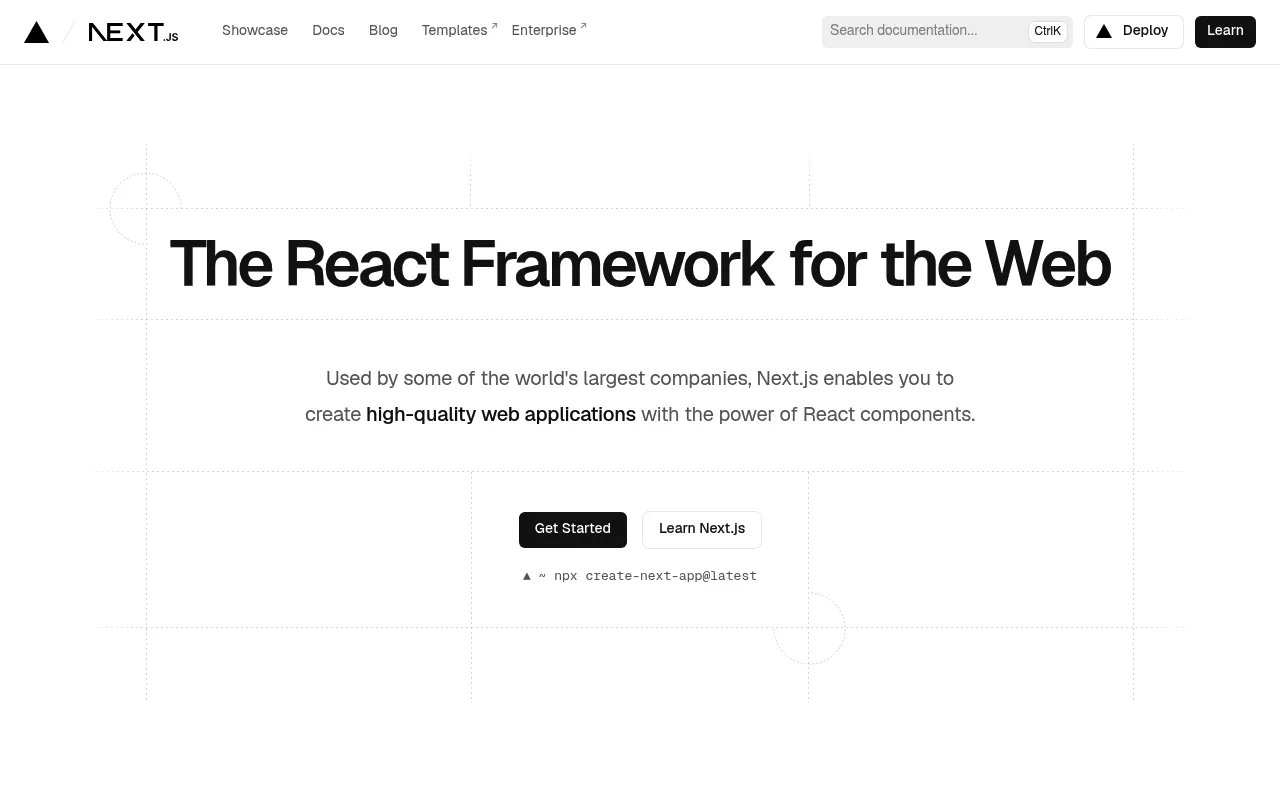 Next.js homepage, the React framework most headless ecommerce storefronts are built on