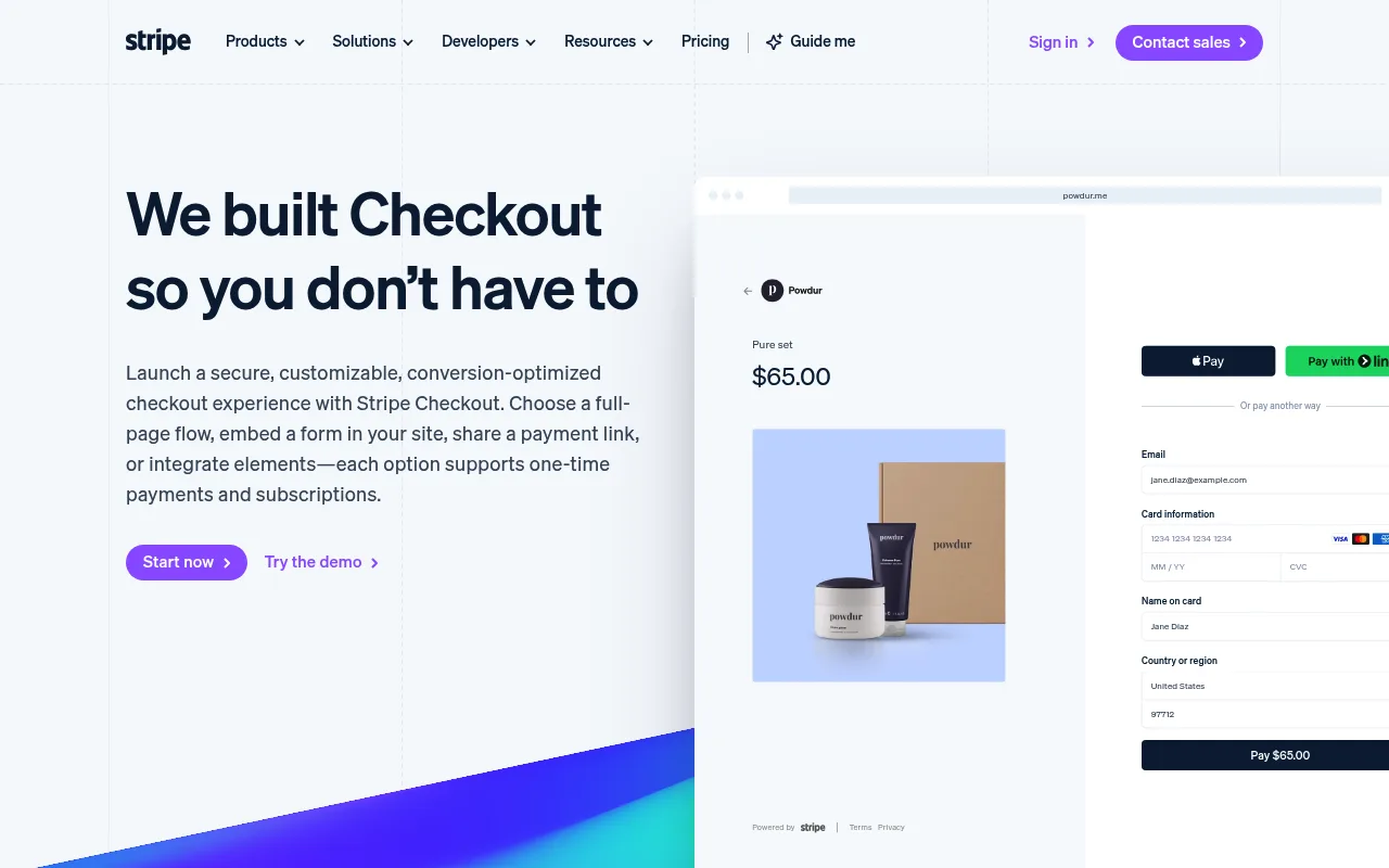 Stripe Checkout landing page showing a hosted payment form with Apple Pay and card fields