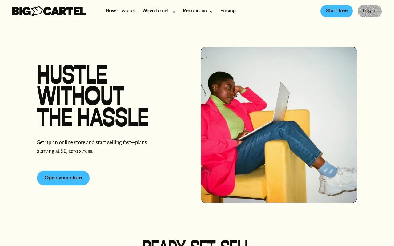 Big Cartel homepage showing its maker-focused ecommerce platform