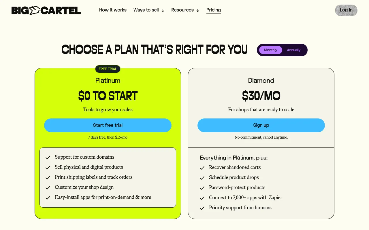 Big Cartel pricing page showing Platinum at 15 dollars a month and Diamond at 30 dollars a month