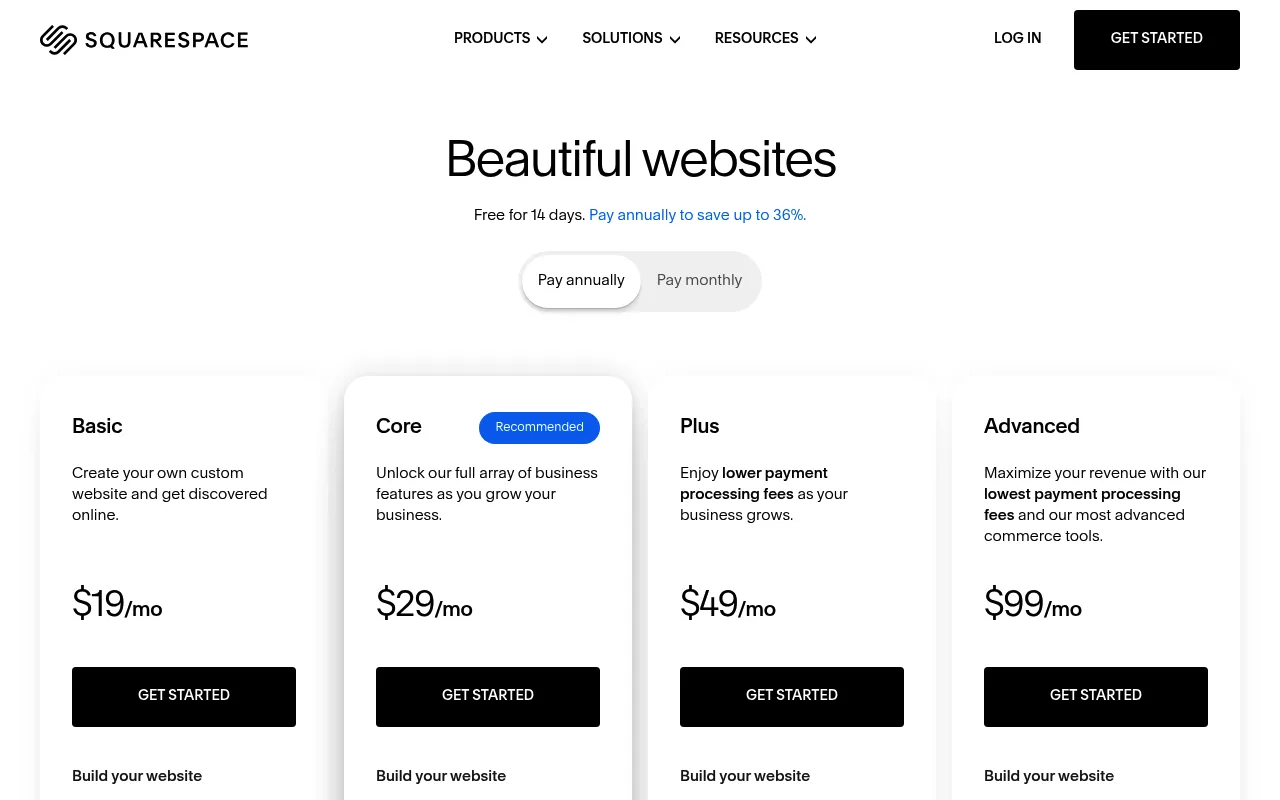 Squarespace pricing page listing Basic, Core, Plus and Advanced plans