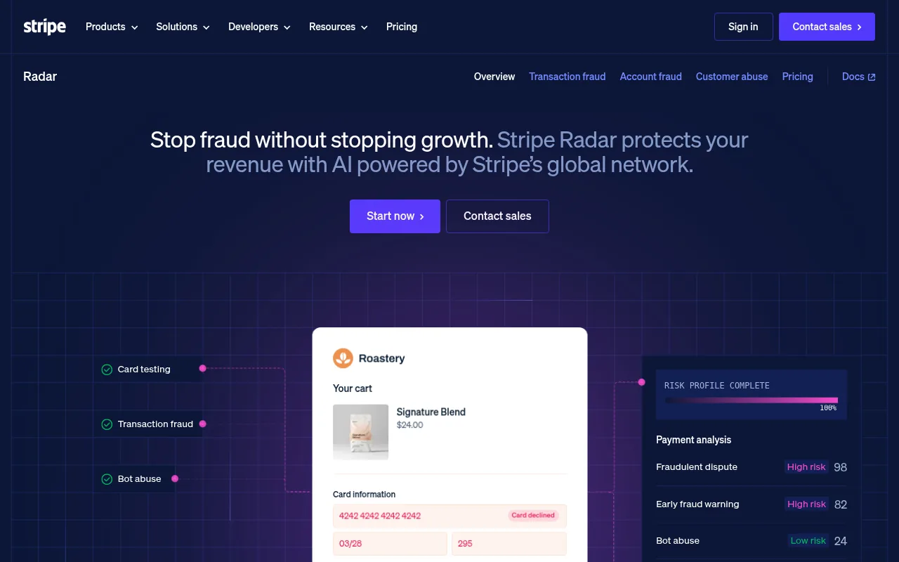 Stripe Radar, the fraud-screening tool built into Stripe payments