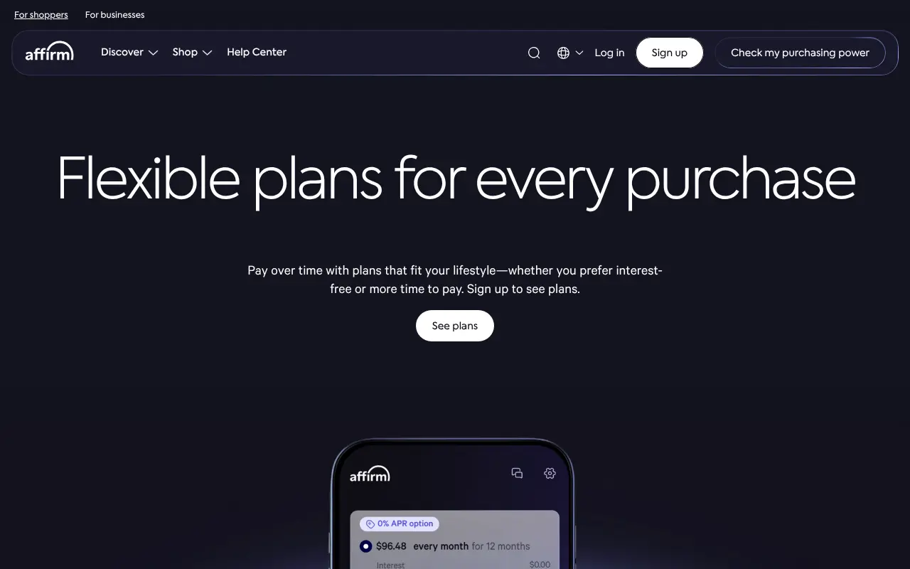 Affirm homepage showing flexible payment plans