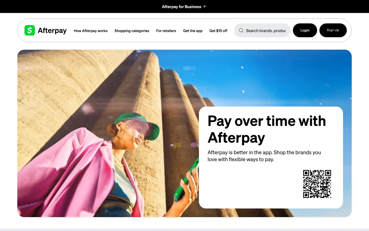 Afterpay homepage showing its pay over time offer
