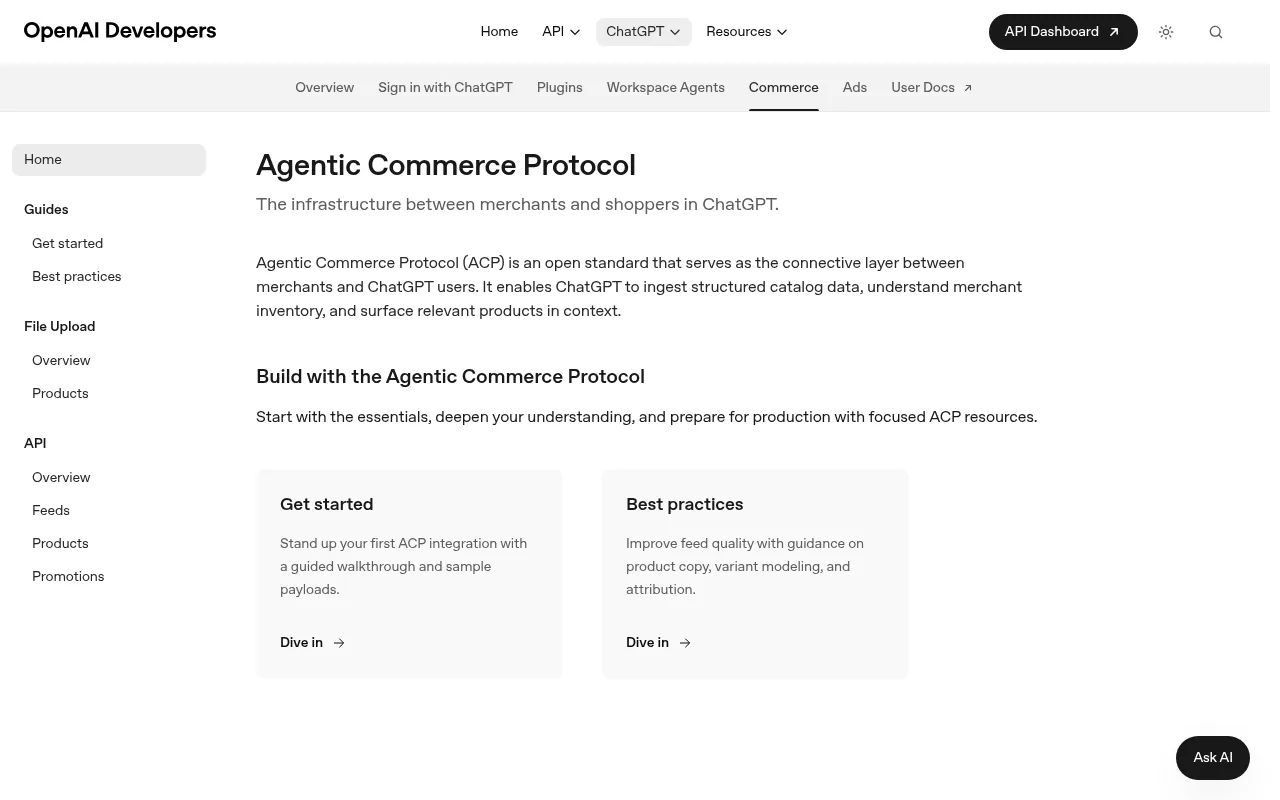 OpenAI Developers page for the Agentic Commerce Protocol, an open standard connecting merchants and ChatGPT users, with Get started and Best practices guides