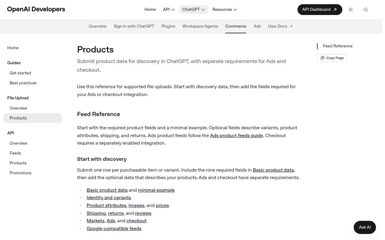 OpenAI product feed reference page, explaining that product data is submitted for discovery in ChatGPT with separate requirements for Ads and checkout