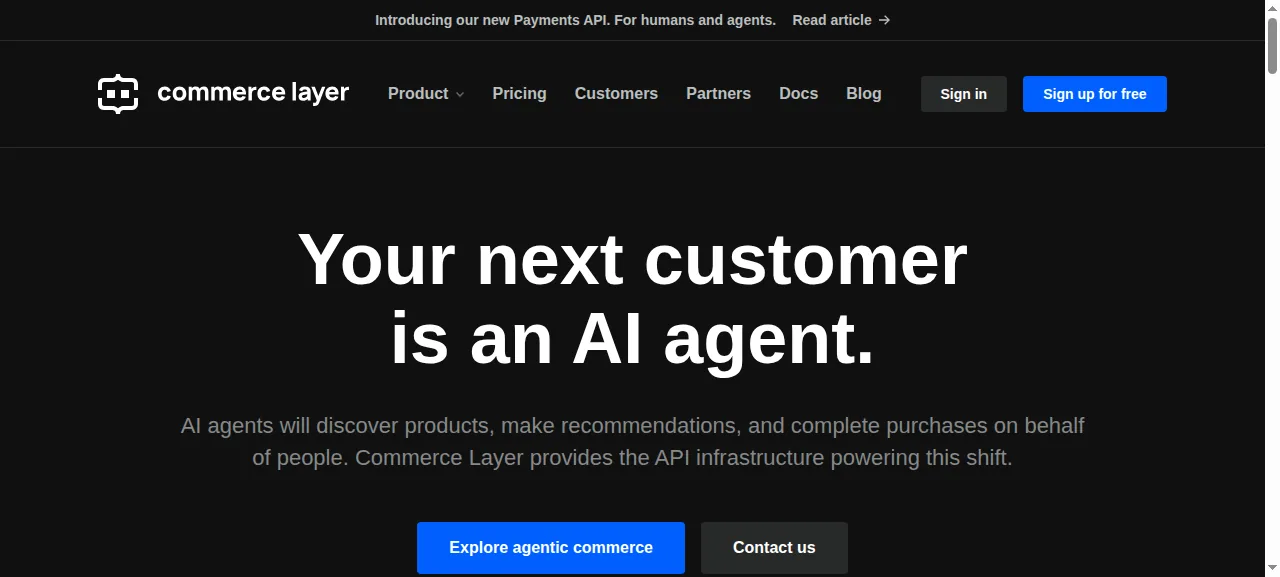 Commerce Layer homepage, showing its API-first "sell everywhere" positioning