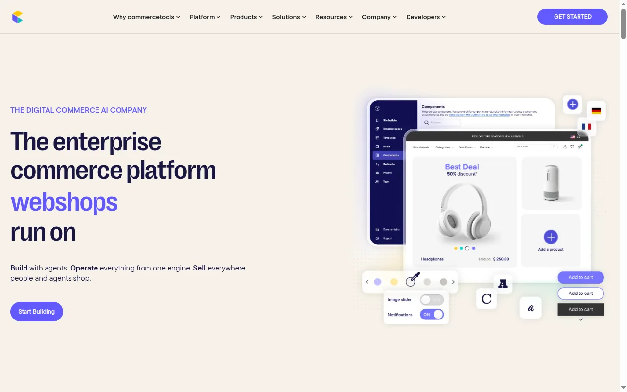 commercetools homepage headline: "The enterprise commerce platform AI agents run on," with build-operate-sell positioning for AI agents
