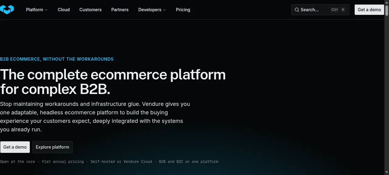 Vendure homepage, showing its B2B-focused headless commerce positioning