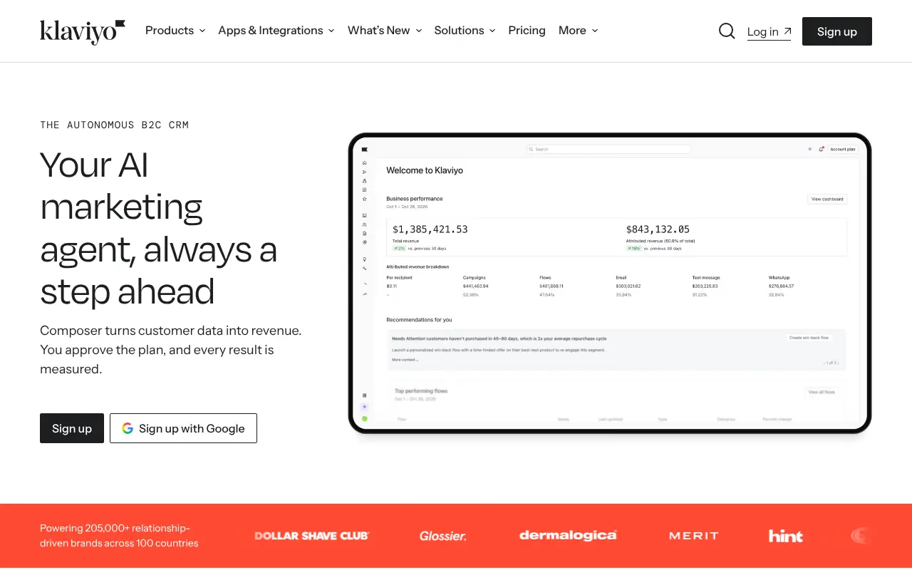 Klaviyo homepage showing its ecommerce marketing platform