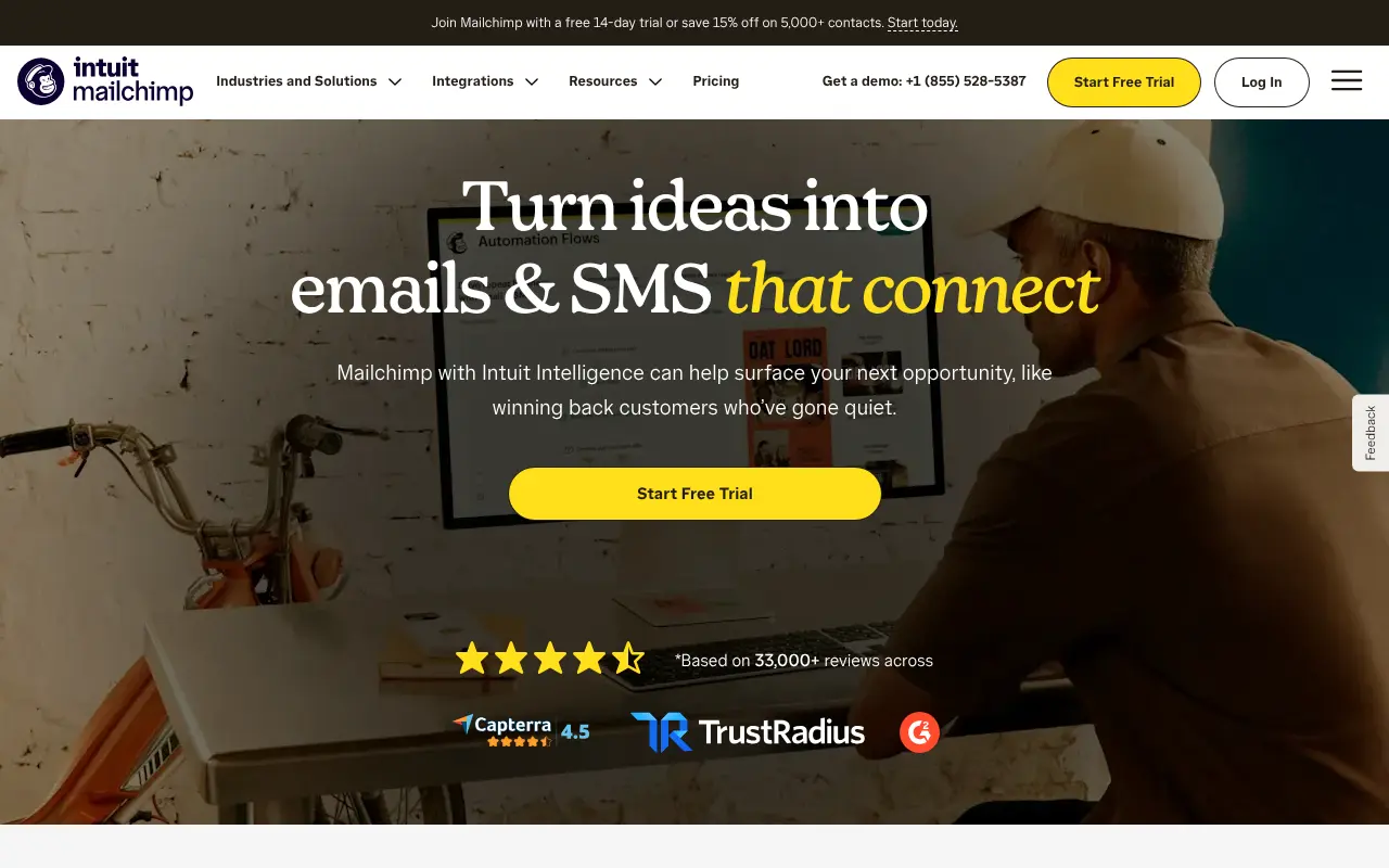 Mailchimp homepage showing its email and SMS marketing platform
